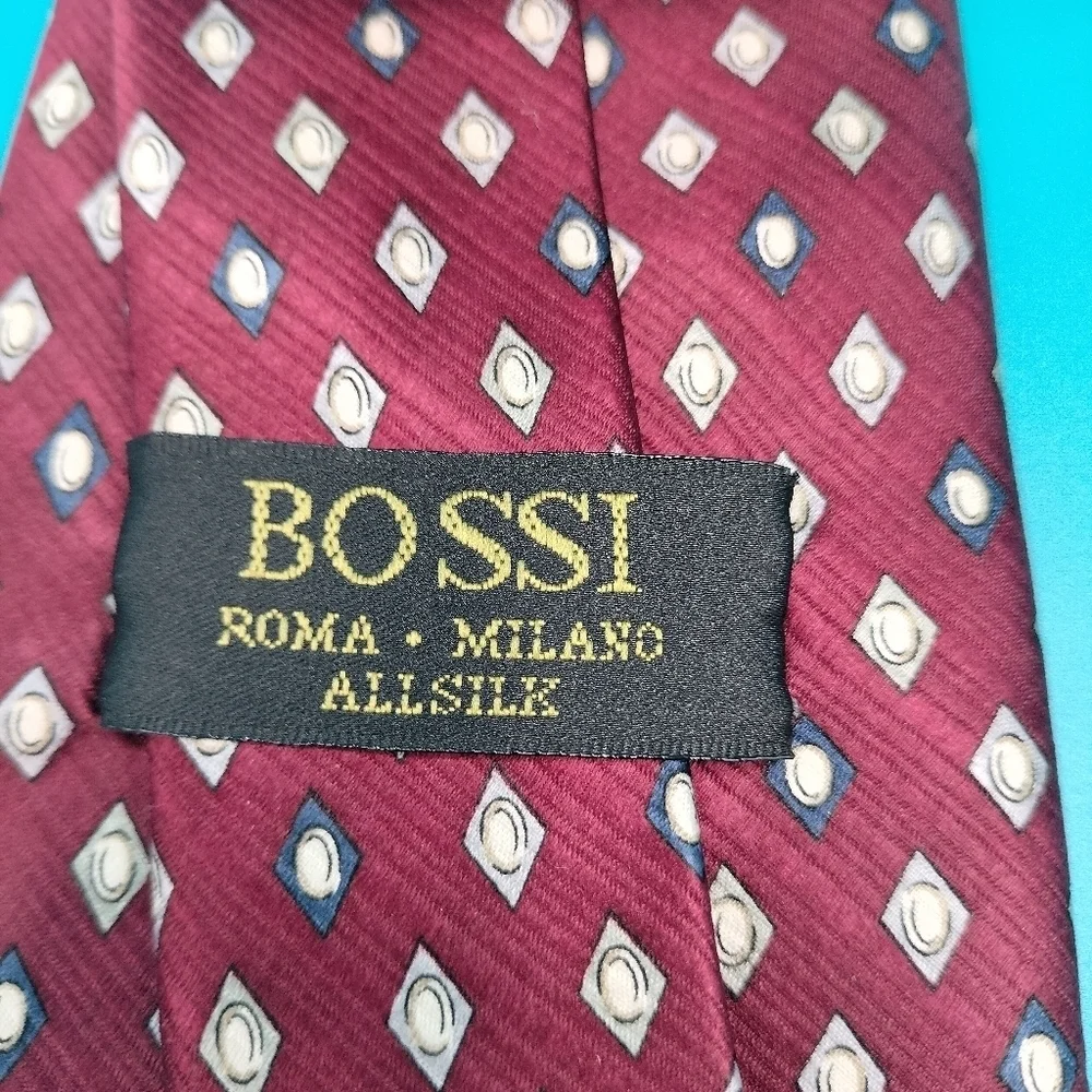 Bossi Roma Milano Silk Necktie Tie Red Multicolored Geometric Handmade